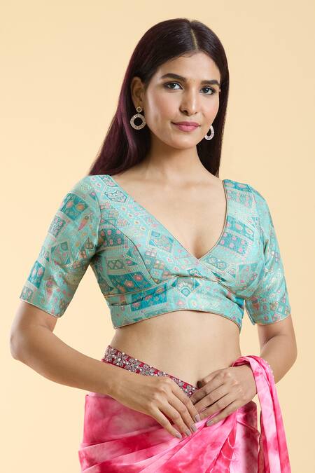 Samyukta Singhania_Green Brocade V-neck Paisley Bloom Woven Blouse _at_Aza_Fashions