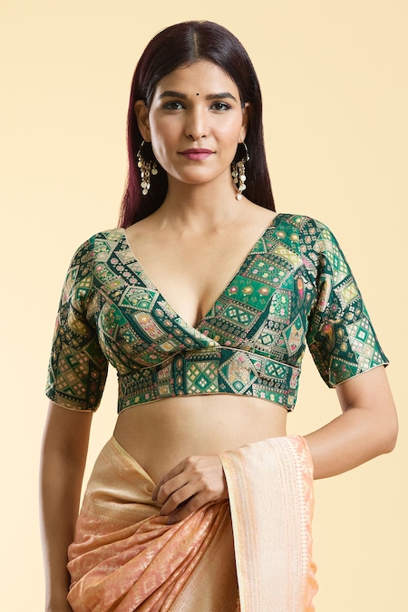 Nazaakat by Samara Singh Green Brocade Woven Phool Art Plunging V Neck Saree Blouse