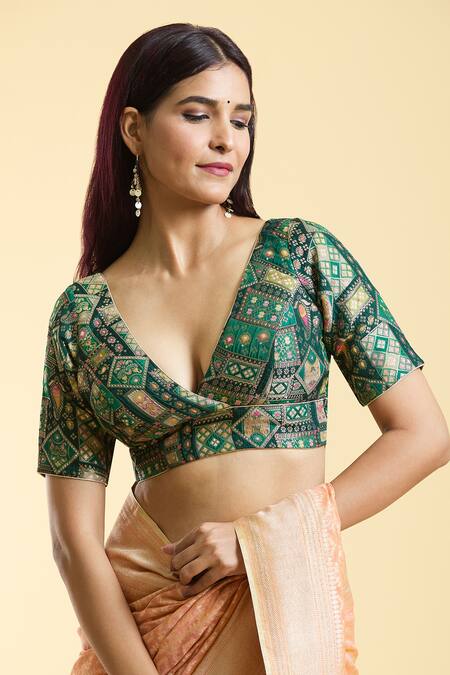 Samyukta Singhania_Green Brocade Plunge Neck Phool Art Woven Blouse _Online_at_Aza_Fashions