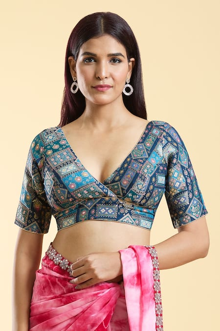 Nazaakat by Samara Singh Blue Brocade Woven Gul Art Plunging V Neck Saree Blouse