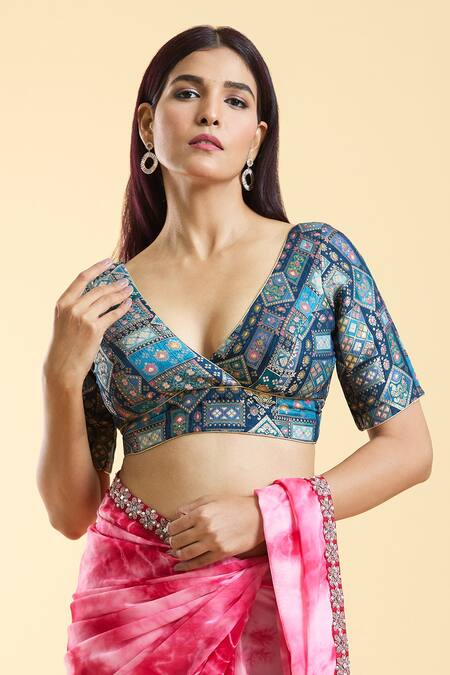 Samyukta Singhania_Blue Brocade Embroidery Plunge Neck Gul Art Woven Blouse _Online_at_Aza_Fashions