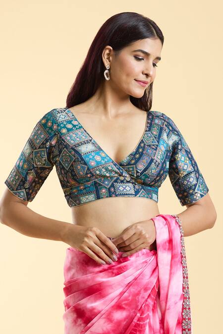 Buy_Samyukta Singhania_Blue Brocade Embroidery Plunge Neck Gul Art Woven Blouse _Online_at_Aza_Fashions