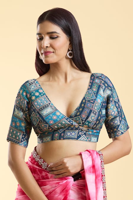 Shop_Samyukta Singhania_Blue Brocade Embroidery Plunge Neck Gul Art Woven Blouse _Online_at_Aza_Fashions