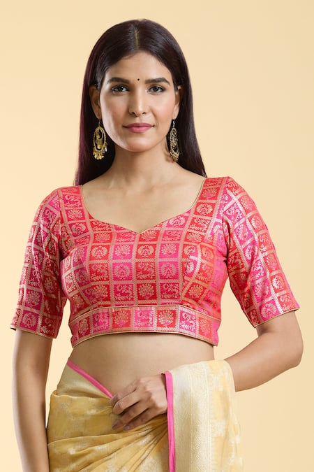 Nazaakat by Samara Singh Pink Brocade Woven Shamiyana Leaf Neck Saree Blouse