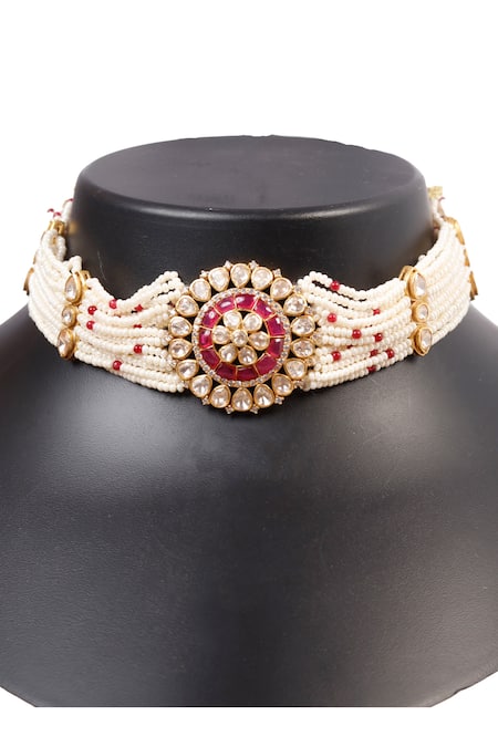 Shop Sica Jewellery Pink Polki Stone Embellished Multistrand Choker Necklace at Aza Fashions Shop_Sica Jewellery_Pink Polki Stone Embellished Multistrand Choker Necklace _at_Aza_Fashions