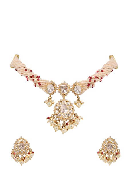Shop Sica Jewellery Yellow Diamonds, Pearls Polki Embellished Necklace Set at Aza Fashions Shop_Sica Jewellery_Yellow Diamonds, Pearls Polki Embellished Necklace Set _at_Aza_Fashions