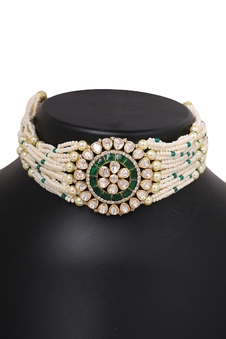 Shop Sica Jewellery Green Diamonds, Stones Moissanite Polki Embellished Choker Necklace Set at Aza Fashions Shop_Sica Jewellery_Green Diamonds, Stones Moissanite Polki Embellished Choker Necklace Set _at_Aza_Fashions