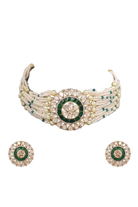 Sica Jewellery Green Diamonds, Stones Moissanite Polki Embellished Choker Necklace Set Online at Aza Fashions Sica Jewellery_Green Diamonds, Stones Moissanite Polki Embellished Choker Necklace Set _Online_at_Aza_Fashions