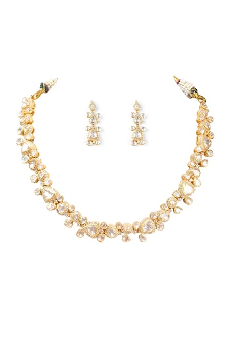Shop Sica Jewellery Yellow Imitation Diamonds Moissanite Polki Stone Embellished Choker Necklace Set at Aza Fashions Shop_Sica Jewellery_Yellow Imitation Diamonds Moissanite Polki Stone Embellished Choker Necklace Set _at_Aza_Fashions
