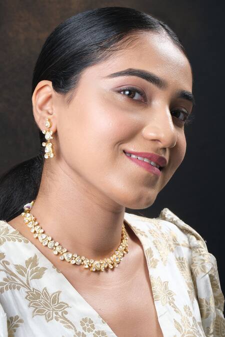 Sica Jewellery_Yellow Imitation Diamonds Moissanite Polki Stone Embellished Choker Necklace Set _at_Aza_Fashions