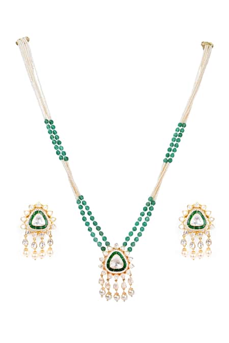 Shop Sica Jewellery Green Diamonds, Crystals Moissanite Polki Embellished Pendant Necklace Set at Aza Fashions Shop_Sica Jewellery_Green Diamonds, Crystals Moissanite Polki Embellished Pendant Necklace Set _at_Aza_Fashions
