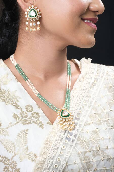 Shop_Sica Jewellery_Green Diamonds, Crystals Moissanite Polki Embellished Pendant Necklace Set _Online_at_Aza_Fashions