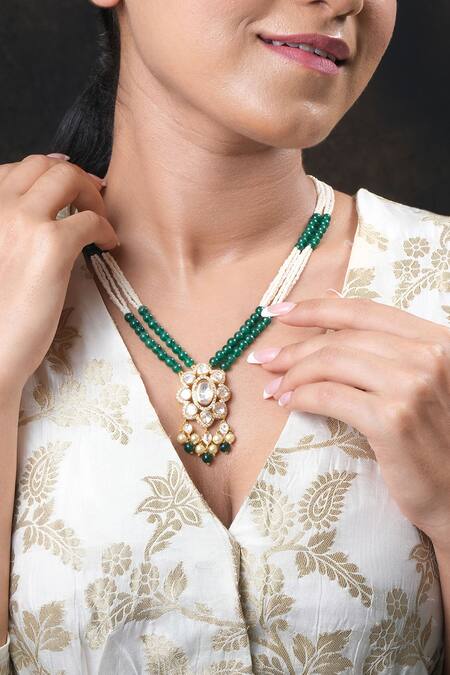 Buy_Sica Jewellery_Green Diamonds, Stones Moissanite Polki Embellished Necklace Set _Online_at_Aza_Fashions