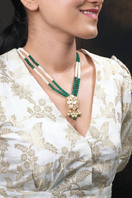 Sica Jewellery_Green Diamonds, Stones Moissanite Polki Embellished Necklace Set _at_Aza_Fashions