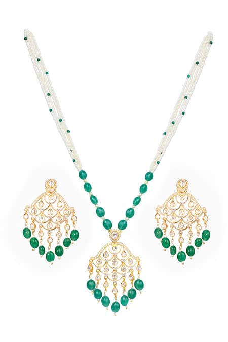 Shop Sica Jewellery Green Diamonds, Beads Moissanite Polki Necklace Set at Aza Fashions Shop_Sica Jewellery_Green Diamonds, Beads Moissanite Polki Necklace Set _at_Aza_Fashions