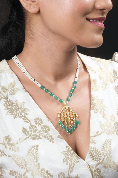 Sica Jewellery_Green Diamonds, Beads Moissanite Polki Necklace Set _at_Aza_Fashions