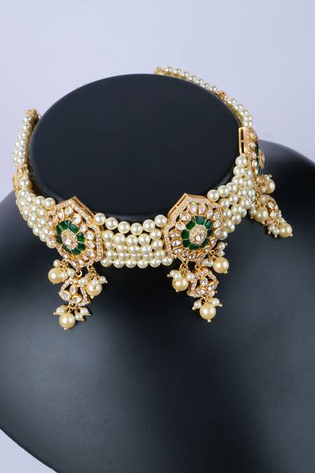 Buy Sica Jewellery Green Polki Embellished Choker Necklace Online at Aza Fashions Buy_Sica Jewellery_Green Polki Embellished Choker Necklace _Online_at_Aza_Fashions