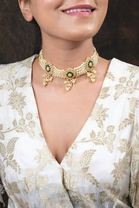 Shop_Sica Jewellery_Green Polki Embellished Choker Necklace _Online_at_Aza_Fashions