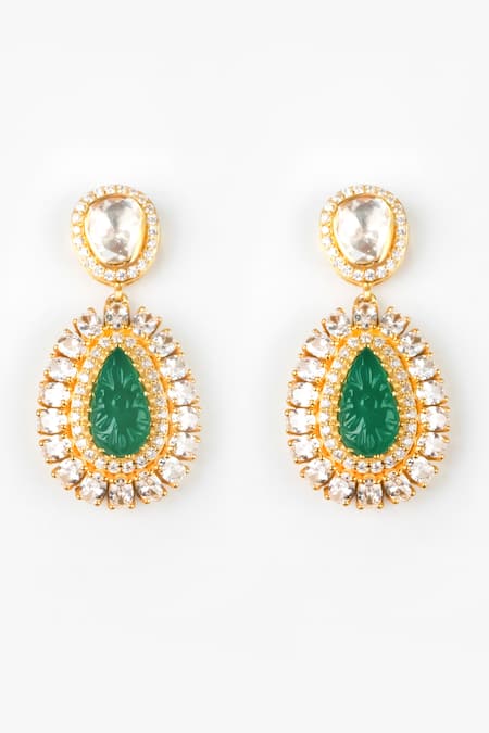 Shop Sica Jewellery Green Diamonds, Stones Moissanite Polki Embellished Danglers at Aza Fashions Shop_Sica Jewellery_Green Diamonds, Stones Moissanite Polki Embellished Danglers _at_Aza_Fashions