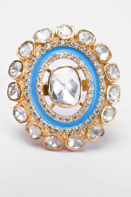 Shop Sica Jewellery Blue Imitation Diamonds Moissanite Polki Embellished Ring at Aza Fashions Shop_Sica Jewellery_Blue Imitation Diamonds Moissanite Polki Embellished Ring _at_Aza_Fashions