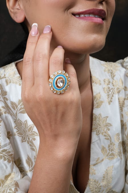Shop_Sica Jewellery_Blue Imitation Diamonds Moissanite Polki Embellished Ring _Online_at_Aza_Fashions