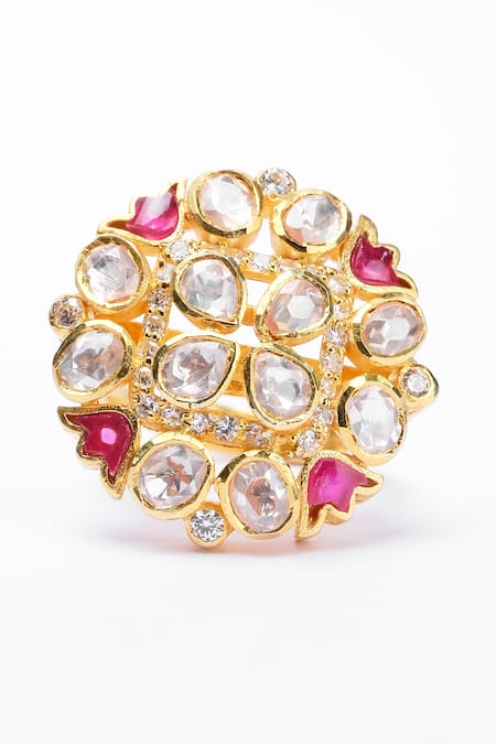 Shop Sica Jewellery Pink Diamonds, Crystals Moissanite Polki Studded Ring at Aza Fashions Shop_Sica Jewellery_Pink Diamonds, Crystals Moissanite Polki Studded Ring _at_Aza_Fashions