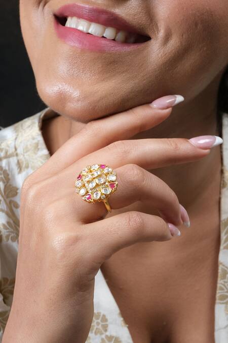 Buy Sica Jewellery Pink Diamonds, Crystals Moissanite Polki Studded Ring Online at Aza Fashions Buy_Sica Jewellery_Pink Diamonds, Crystals Moissanite Polki Studded Ring _Online_at_Aza_Fashions