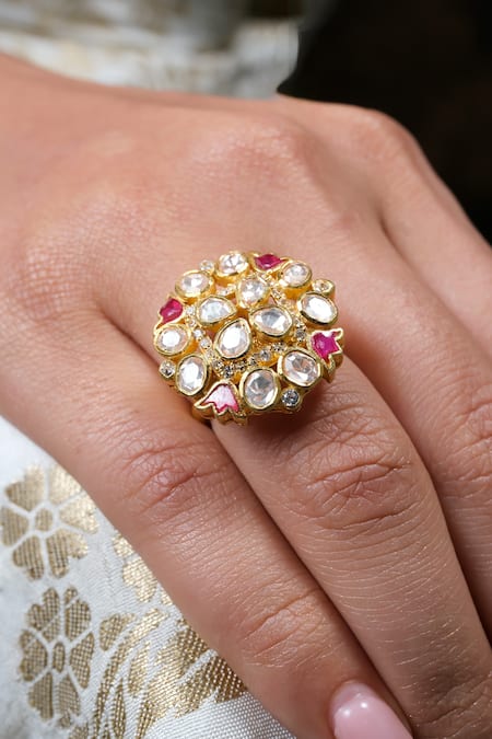 Shop Sica Jewellery Pink Diamonds, Crystals Moissanite Polki Studded Ring Online at Aza Fashions Shop_Sica Jewellery_Pink Diamonds, Crystals Moissanite Polki Studded Ring _Online_at_Aza_Fashions