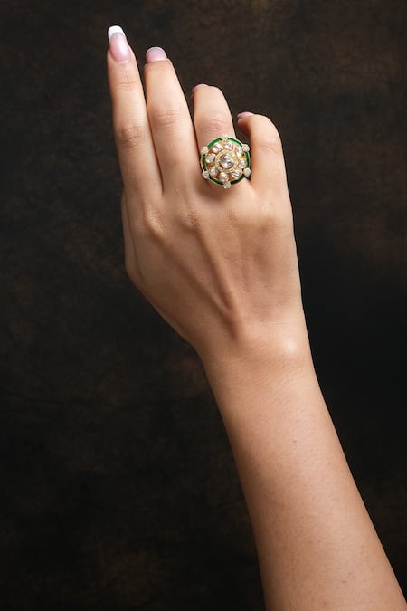 Buy_Sica Jewellery_Green Mirrors Moissanite Polki And Enamel Embellished Ring _Online_at_Aza_Fashions