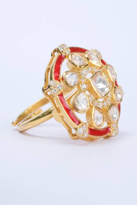 Sica Jewellery_Red Mirrors Enamelled Moissanite Polki Embellished Ring _Online_at_Aza_Fashions