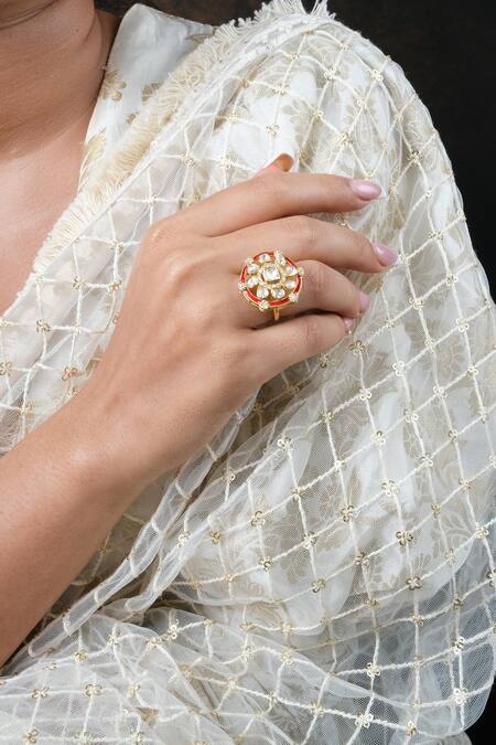 Buy_Sica Jewellery_Red Mirrors Enamelled Moissanite Polki Embellished Ring _Online_at_Aza_Fashions