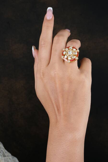 Shop_Sica Jewellery_Red Mirrors Enamelled Moissanite Polki Embellished Ring _Online_at_Aza_Fashions