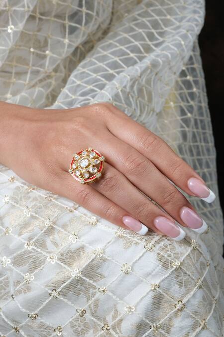 Buy_Sica Jewellery_Red Mirrors Enamelled Moissanite Polki Embellished Ring 