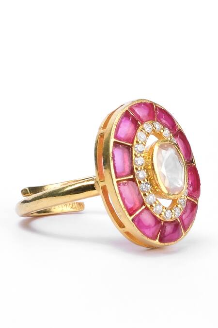 Sica Jewellery_Pink Diamonds, Stones Moissanite Polki Embellished Oval Shaped Ring _Online_at_Aza_Fashions