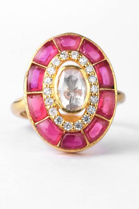 Buy_Sica Jewellery_Pink Diamonds, Stones Moissanite Polki Embellished Oval Shaped Ring _Online_at_Aza_Fashions