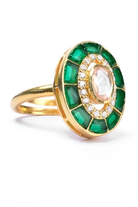 Sica Jewellery_Green Mirrors, Stones Oval Moissanite Polki Embellished Ring _Online_at_Aza_Fashions