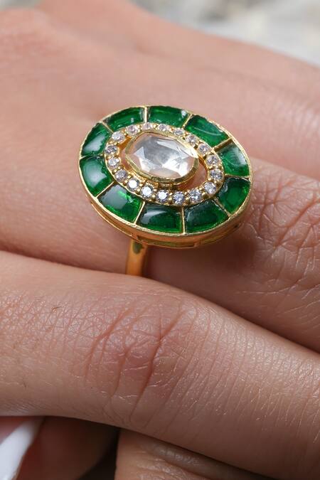 Buy_Sica Jewellery_Green Mirrors, Stones Oval Moissanite Polki Embellished Ring _Online_at_Aza_Fashions