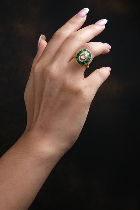 Shop_Sica Jewellery_Green Mirrors, Stones Oval Moissanite Polki Embellished Ring _Online_at_Aza_Fashions