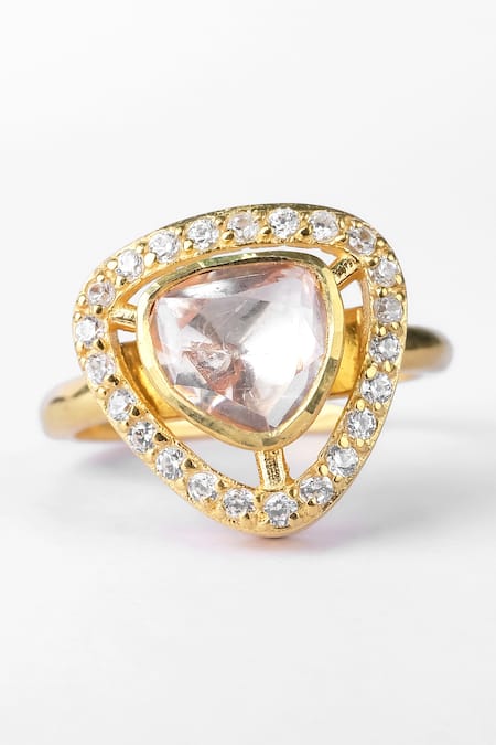 Shop Sica Jewellery Yellow Metallic Thread Triangular Moissanite Polki Embellished Ring at Aza Fashions Shop_Sica Jewellery_Yellow Metallic Thread Triangular Moissanite Polki Embellished Ring _at_Aza_Fashions
