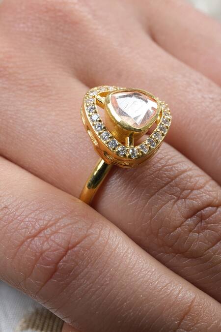 Buy_Sica Jewellery_Yellow Metallic Thread Triangular Moissanite Polki Embellished Ring _Online_at_Aza_Fashions