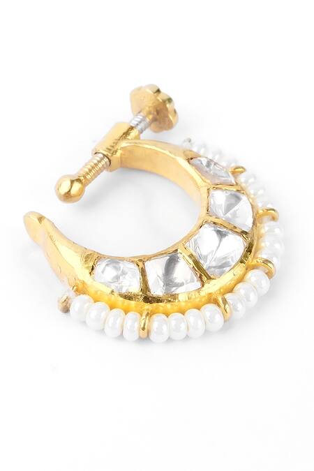 Sica Jewellery White Diamonds, Pearls Moissanite Polki Embellished Chand Nath Online at Aza Fashions Sica Jewellery_White Diamonds, Pearls Moissanite Polki Embellished Chand Nath _Online_at_Aza_Fashions