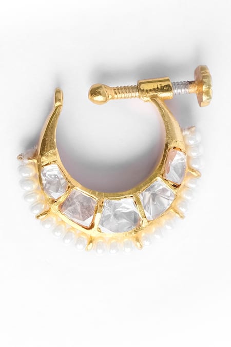 Shop Sica Jewellery White Diamonds, Pearls Moissanite Polki Embellished Chand Nath at Aza Fashions Shop_Sica Jewellery_White Diamonds, Pearls Moissanite Polki Embellished Chand Nath _at_Aza_Fashions