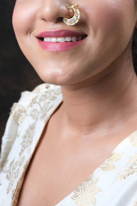 Buy_Sica Jewellery_White Diamonds, Pearls Moissanite Polki Embellished Chand Nath _Online_at_Aza_Fashions