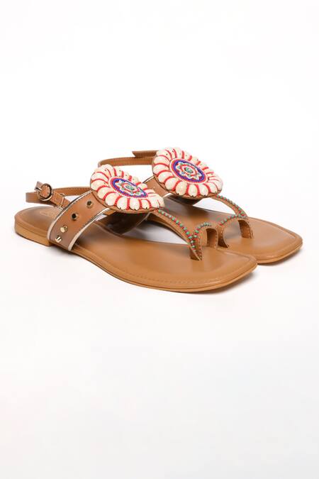 Shop Sole House Beige Embroidered Shell Strap Boho Flats at Aza Fashions Shop_Sole House_Beige Embroidered Shell Strap Boho Flats_at_Aza_Fashions