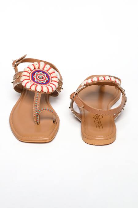 Sole House Beige Embroidered Shell Strap Boho Flats Online at Aza Fashions Sole House_Beige Embroidered Shell Strap Boho Flats_Online_at_Aza_Fashions