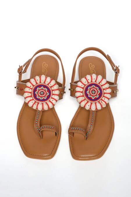 Buy Sole House Beige Embroidered Shell Strap Boho Flats Online at Aza Fashions Buy_Sole House_Beige Embroidered Shell Strap Boho Flats_Online_at_Aza_Fashions