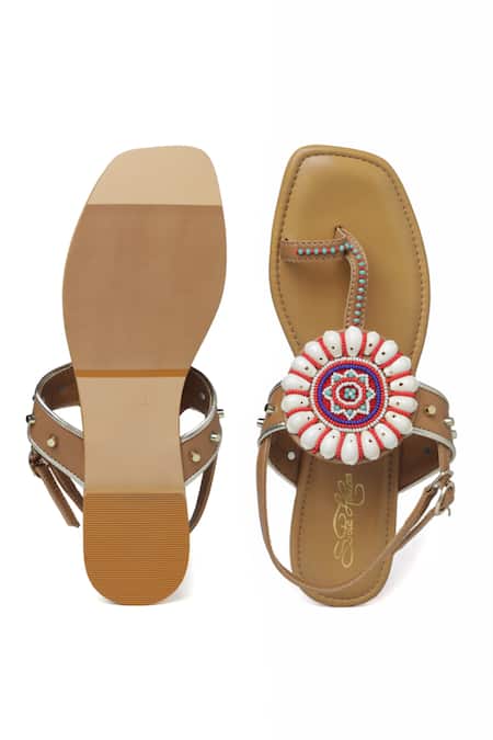 Shop Sole House Beige Embroidered Shell Strap Boho Flats Online at Aza Fashions Shop_Sole House_Beige Embroidered Shell Strap Boho Flats_Online_at_Aza_Fashions