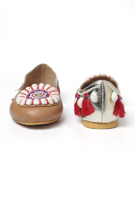 Shop_Sole House_Beige Embroidered Shell Boho Juttis_Online_at_Aza_Fashions