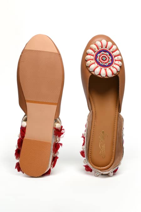 Sole House_Beige Embroidered Shell Boho Juttis_at_Aza_Fashions