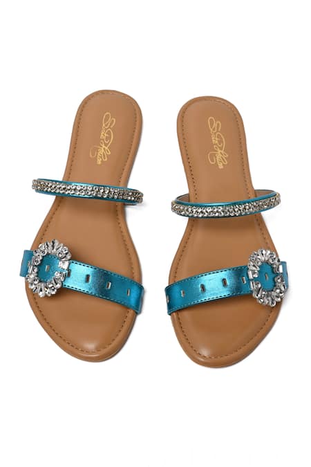 Sole House_Blue Embellished Brooch Strap Flats _Online_at_Aza_Fashions